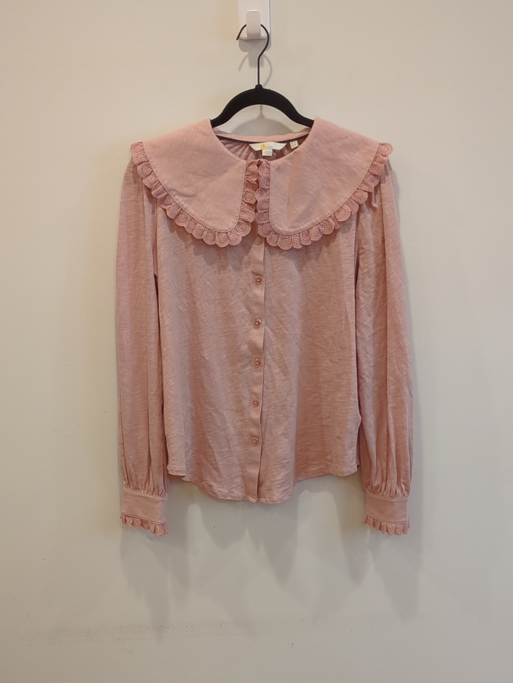 Cottage Girly Flirty Boho Preppy Boden Pink Lace Collar Button-Down Blouse US 8R
